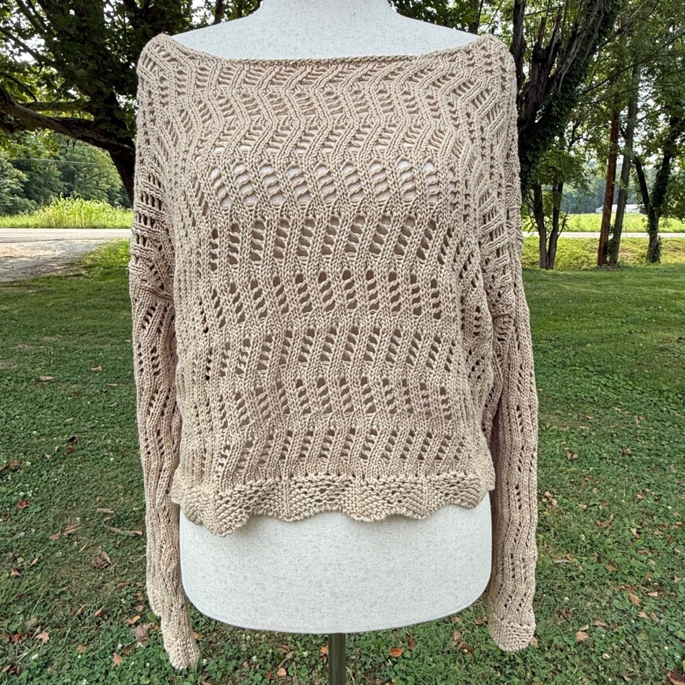 American Eagle Open Knit Pointelle Boat Neck Sweater Scalloped Hem Medium NEW
